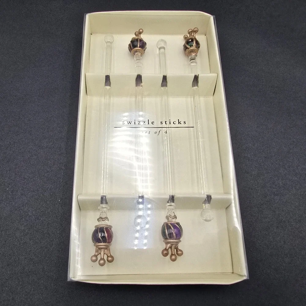 Pier 1 Imports Glass Swizzle Sticks Set Jeweled Crown Topper Cocktail Stirrer